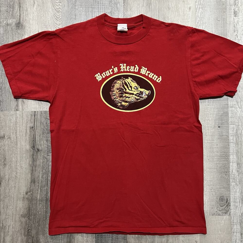 VTG Boars Head Brand Velva Sheen 90s T Shirt Red Deli Meet Cheese Foodie Size L